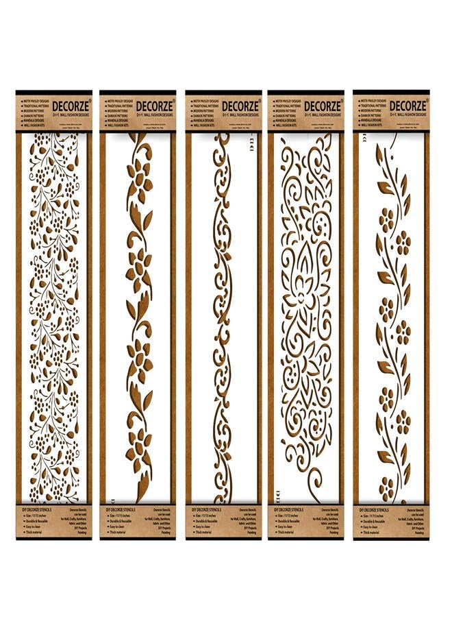 Decorze Plastic Stencils for Border Art, Stencils for Wall, Border Stencils for Wall Painting Suitable for Room Wall Decoration Purpose (Set of 5)(Color-White)|Design-7